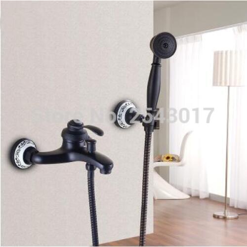 Luxury Bathroom Black Shower Set Wall Mounted Bathtub Hand Shower Solid Brass Antique Retro Shower Mixer Crane ZR037