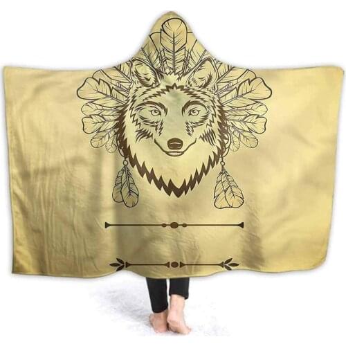 Hooded Throw Blanket Wolf Soft Wearable Hoodie Blanket Artistic Animal Feathers Totem Blanket for Office Cape Snuggle 80"x60"
