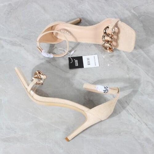 Womens sandals sexy Flock chain decoration buckle high-heeled sandals stiletto 2021 summer new fashion party womens shoes 9CM