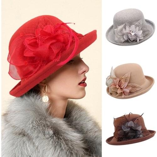 2021 Women Warm Wool Felt Flowers Hat Ladies Wide Brim Hat Autumn Winter Noble Elegant Girls Fashion Party Cap Decoration