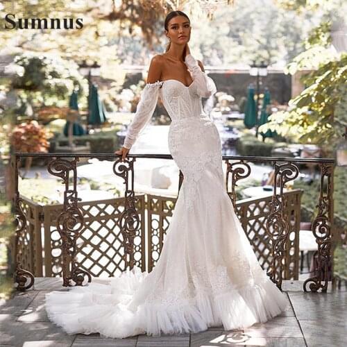 Sumnus Lusury Mermaid Wedding Dresses Lace Appliqued Off the Shoulder Long Sleeves Bridal Gowns Robe De Mariage