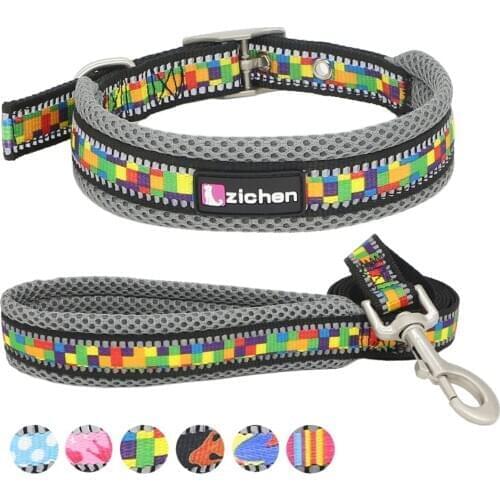 Reflective Dog Leash Collar Adjustable Printed Mesh Nylon Durable Dog Collar for Small Medium Large Pets Collars Leashes Set