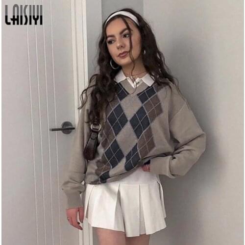 Preppy Style y2k Sweater V Neck Womens Sweater Vintage Autumn Casual Argyle Plaid Jumper Harajuku Blouse Winter Pullover Top