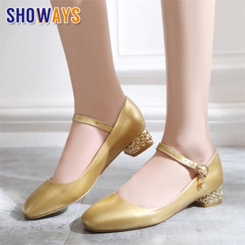 Silver Mary Janes Low Block Heel Square Toe Women Pumps Gold Patent Leather Bridal Party Office Crystal Ankle Strap Lolita Shoes