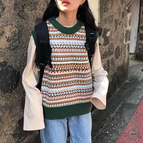 Spring Autumn Retro Knitted Vest Women O-Neck Sleeveless Loose All-Match Fashion Popular Korean Casual Female Sweater Waistcoat