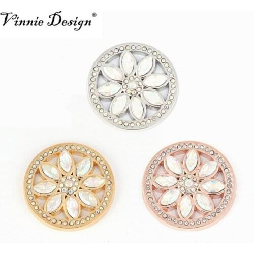 Vinnie Design Jewelry Sparkling Crystal Oriental Flower Coin Disc fit for 25mm Small Coin Holder Pendant 5pcs/lot