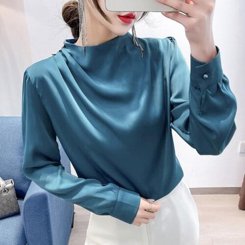 Blue Long Sleeve Satin Blouse Women Spring Fall Stand Collar Button Casual Office Ladies Shirt Female Blusas Mujer De Moda 2021