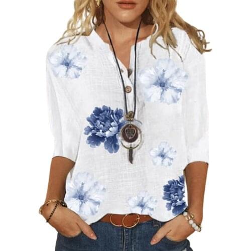 New 2021 Summer Fashion Printed V Neck Long Sleeve Shirt Women Casual Loose Button Plus Size Blouse T Shirt Vintage Clothes Tops