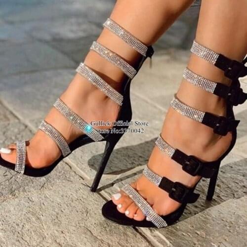 Newest Rhinestone Multi Buckles Stiletto Heel Sandals Black silver Gladiator Heels Hollow Party Dress Shoes Cut-out Summer Shoes