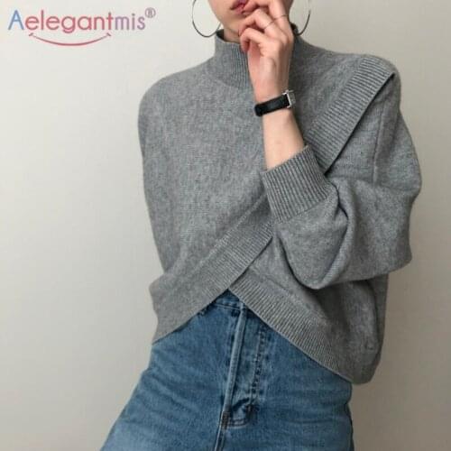 Aelegantmis Korean Irregular Design Pullover Sweater Knitted Women Winter Elegant Office Lady Pullover Fashion Solid Tops 2021