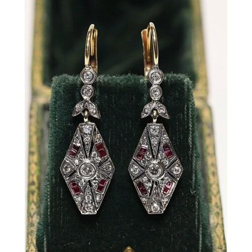 ART DECO STYLE 14K GOLD NEW MADE NATURAL DIAMOND AND CALIBER RUBY EARRING