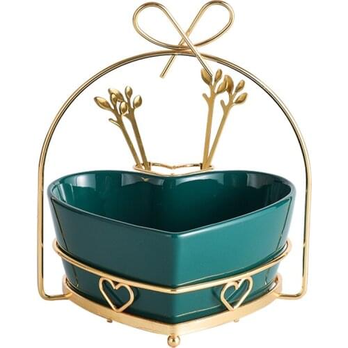 Household Creative and Slightly Luxury Ceramic Fruit Salad Bowl with Fork Cute Heart Shape Small Candy Plate