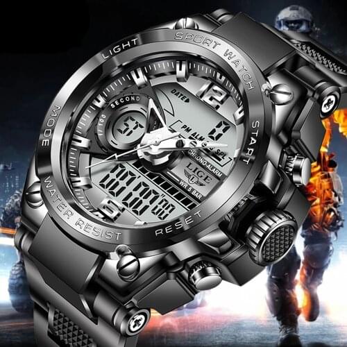 Relogio Masculino 2021 LIGE Sport Men Quartz Digital Watch Creative Diving Watches Men Waterproof Alarm Watch Dual Display Clock