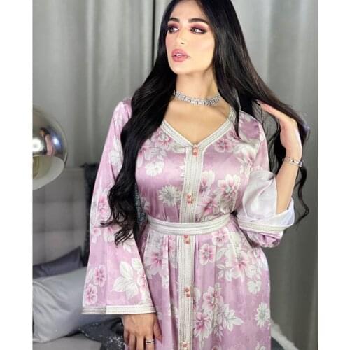 AB038 Long Dress Pink Abaya Soiree Muslim Islamic Clothing For Women To Pray World Apparel Store Turkish Beautiful Print Flower