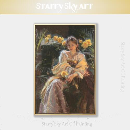 Artist Pure Hand-painted Wonderful Russian Lady Portrait Oil Painting on Canvas Beauty Russia Lady with Yellow Rose Oil Painting