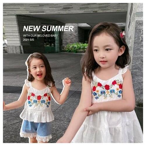 Korea Boutique! Exquisite Embroidered Childrens Summer Beautiful Baby cute Girl tank tops Floral Dress Luxury Toddler Dresses