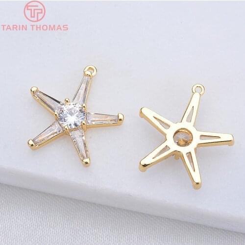 4PCS 15MM 24K Gold Color Plated Brass with Zircon Star Pendants Charms High Quality DIY Jewelry Making Findings