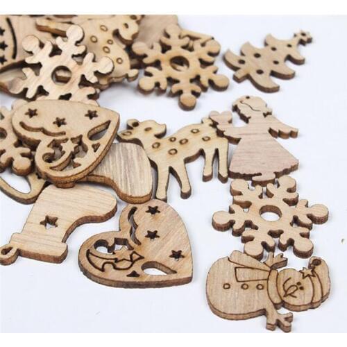 Hot 200sets 50 pcs set DIY Natural Wooden Chip Christmas Tree Hanging Ornaments Pendant Kids Gifts Snowman Tree Shape Xmas