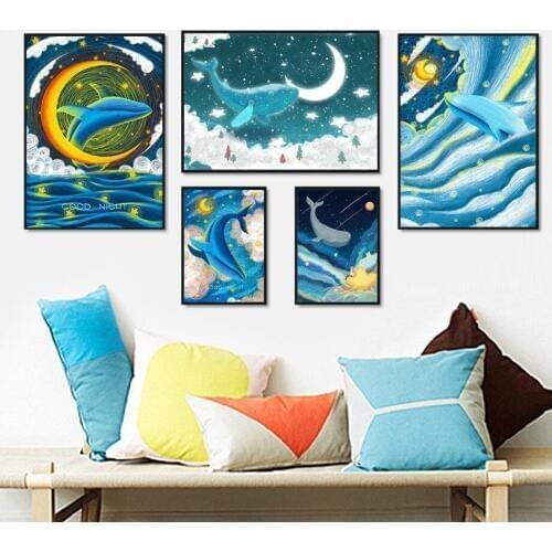Multicolor Whale Sea Moon Star Cloud Cartoon Nordic Posters And Prints Wall Art Canvas Painting Wall Pictures For Baby Kids Room