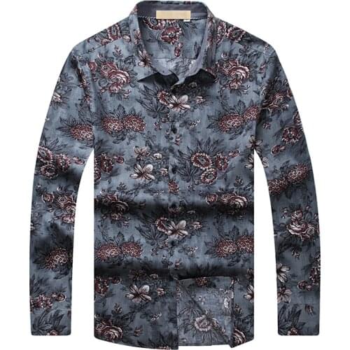 Fashion Spring Autumn Casual Men Shirt Slim Fit Flower Print Linen Shirt Long-sleeved Shirts L-5XL