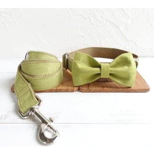 Green brown dog collar and leash set with bow tie for big and small dog cotton fabric collar metal buckle