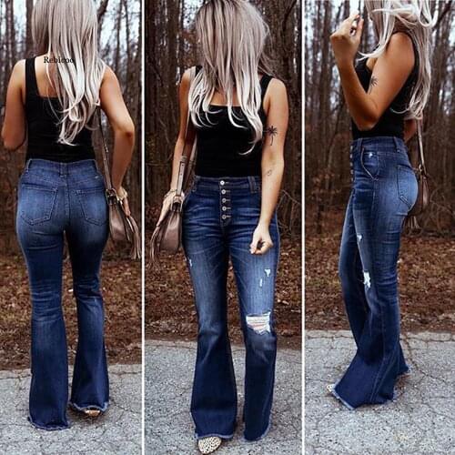 Sexy Vintage Hole Ripped Jeans Women Wide Leg Denim Flare Slim high Waist Button Party Trousers Bodycon Bell Bottoms Pant