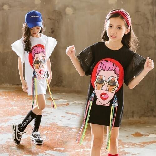 Cartoon Girl Shirt Dress 8 10 12 years Summer Teenage 2020 Short-Sleeve Fashion Casual Children Outfit