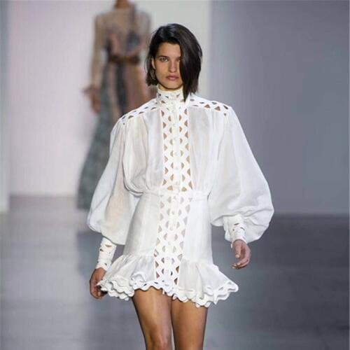 2019 Spring Fashion Bodycon Dress Female Lantern Long Sleeve High Waist Hollow Out Ruffle Hem Shirt Dresses Women