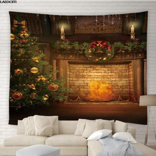 Merry Christmas Tapestry Background Wall Hanging Art Xmas Tree Wooden Window Brick Stove Living Room Bedroom Holiday Home Decor