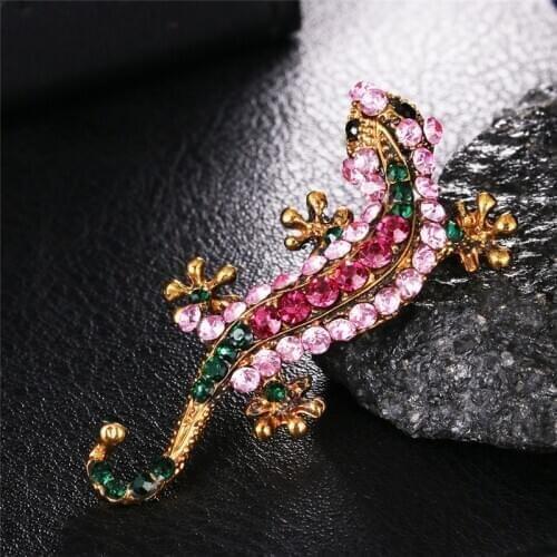 Unique Rhinestone Lizard Brooches For Women Enamel Pin Vintage Gold-color Metal Geckos Pins Brooch Clothes Party Badge Jewelry