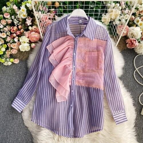 Trendy Striped Fashion Women Ruffled Blouse Spring Autumn Thin Loose Ladies Patchwork Shirt Top