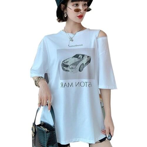 Women Summer Off Shoulder T Shirt 2021 Women Car Printed T Shirt With Rhinestone Women Mixture T Shirt Z789