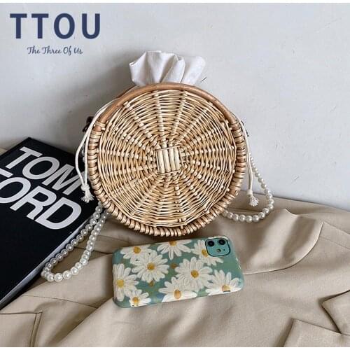 Fashion Beading Chain Ladies Straw Handbag Summer New Bohemian Rattan Bag Women Rattan Weave Travel Beach Shoulder Messenger Bag
