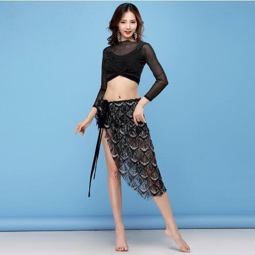 Women Dance Clothing high elasticity Stretchy Sparkling Belly Dance Costume 3pcs top Over-Skirt Sequins(Silver Hip Scarf) pant