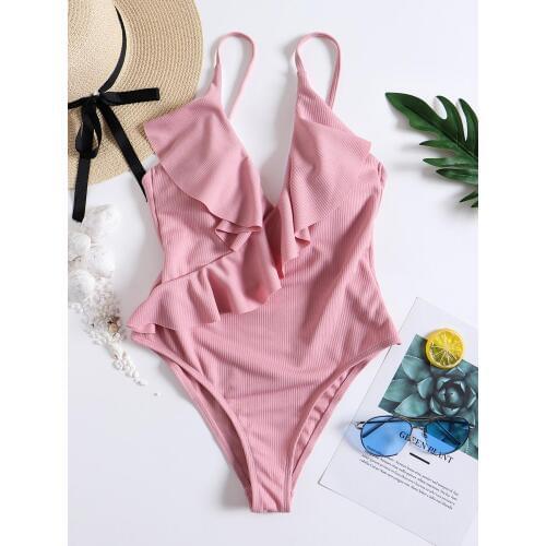 Women One Piece Swimwear Ruffle Lace Up Swimsuit Padded Monokini Bikini 2020 Ladies Swimsuit Bathing Suit Beachwear Biquini