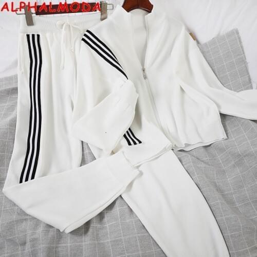 ALPHALMODA Fashion Tracksuit 2020 Autumn Winter Stylish Striped Zipper Cardigan Coat Haren Pant Women Trendy Tracksuits 2pcs Set