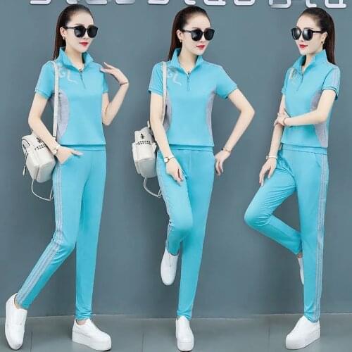 Summer Stand Collar Short Sleeve Sweatshirt + Side Stripe Sweatpants 2 Piece Set Women Casual Tracksuit Jogging Outfits Pantsuit