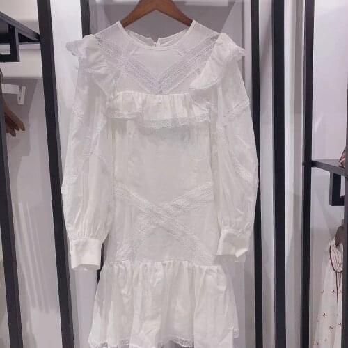 Womens White Mini Dress 2021 Spring Summer Ruffles Lace Trim O-Neck High Waist Lady Short Robe with Zipper