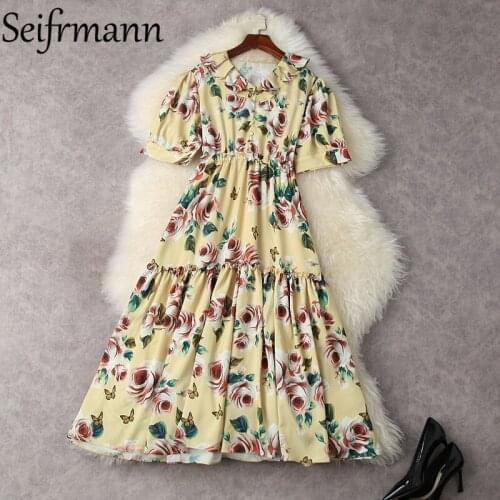 Seifrmann New 2021 Summer Women Fashion Runway Party A-Line Dress Lantern Sleeve Elastic Waist Rose Floral Printed Midi Dresses