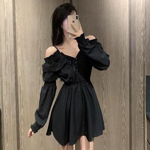 One Piece Gothic Black Dress Women 2021 Spring Autumn Long Sleeve Sexy Mini Dress Female Casual Button Lace Evening Party Dress