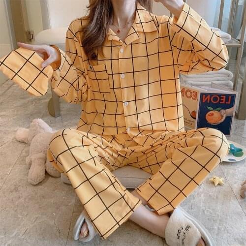 2021 Leisure Sleepwear Cardigan Geometric Cartoon 2 Pieces Womens Pajamas Breathable Long-Sleeved Cute Home Wear Suits