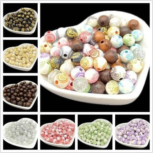 50pcs 8mm Printing Round Acrylic Beads For Jewelry Makeing Bracelet necklace DIY Accessory #E