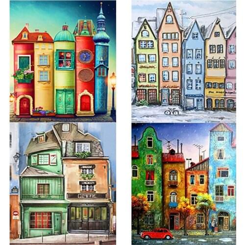 5D Diamond Painting Full Square Round Drill Tall Building Scenery Embroidery Cross Stitch Cartoon Cross Stitch Mosaic Home Decor