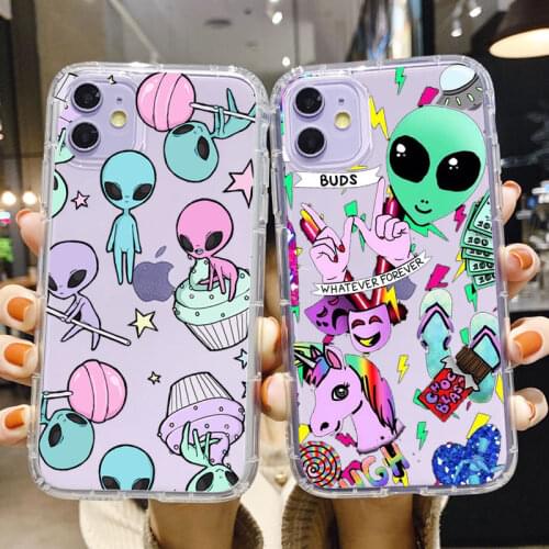 Cute Illustration alien art phone Case For iPhone 11 Pro max 5s 6 8 7 plus X XS MAX XR Black Silicone case for iphone 12 pro max