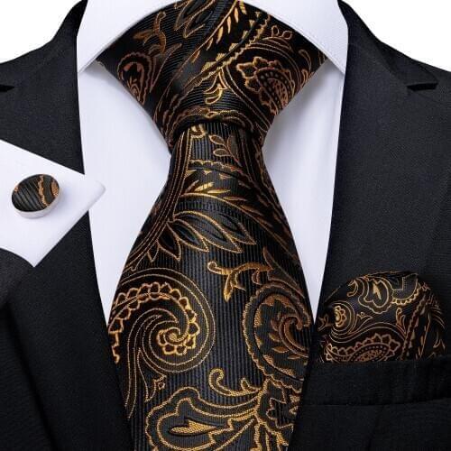 DiBanGu Mens Necktie Black Gold Paisley Silk Wedding Tie For Men Tie Hanky Cufflink Set Business Party New Design Dropshipping