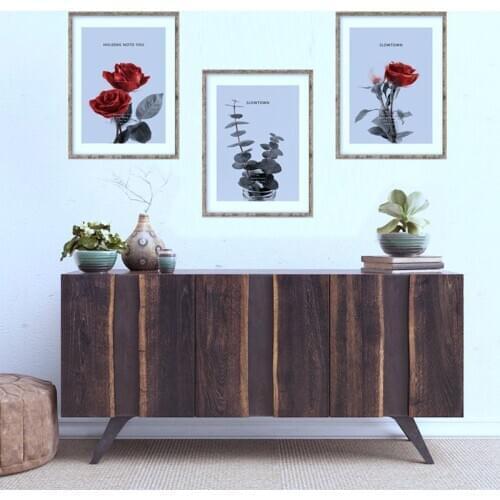 Nordic Style Photo Plant Flower Leaf Grey Tonal Red Rose Black Letter Canvas Painting Wall Picture Poster Living Room Decoration