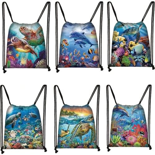 Turtle/Whale Shark Ocean Lady Drawstring Bag Fashion Printed Canvas Storage Bags Lightweight Travel Bag