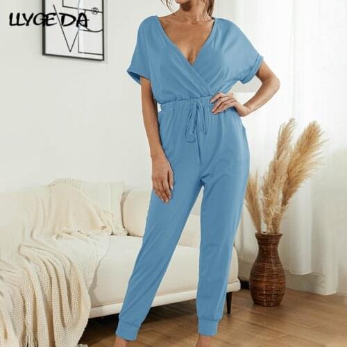 Solid Deep V-neck Cross Female Jumpsuit High Waist Short Sleeve Drawstring Jumpsuits Women 2021 Summer New Casual Loose Cloths