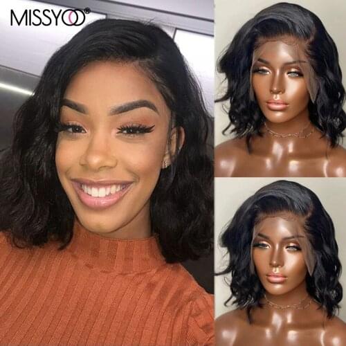 Short bob Wavy Lace Frontal Wig Brazilian lace front Human Hair Wig bob body wave 4x4 Closure Wig Baby Hair PrePlucked For Women