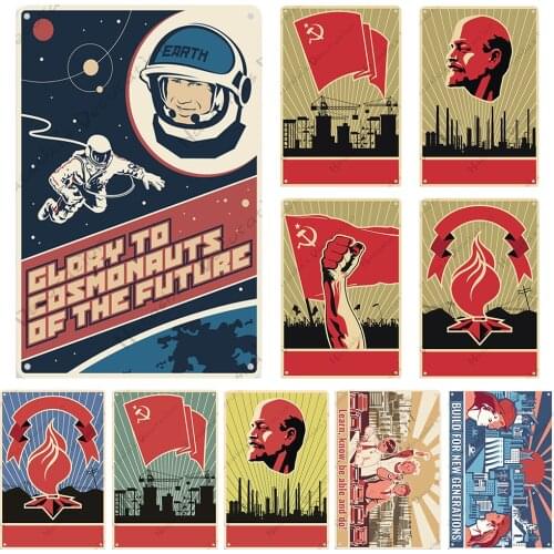 Space Propaganda Wall Plate Soviet Revolution Metal Signs Poster Future Sci Fi Metal Plaque Vintage Poster Industrial Decoration